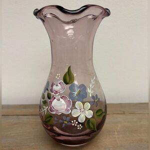 Fenton Teleflora Amethyst Glass Vase Ruffled Rim Hand Painted
Floral 8"h X 4"w